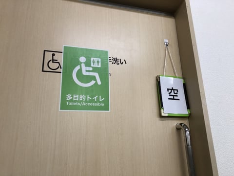多目的トイレのドアの写真。車椅子に乗った人を図案化した大きなマークと、「空き」と大きく印刷された札が下がっている。